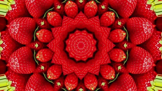 Vibrant red strawberry kaleidoscope motion background video animation seamless loop for sweet food concepts and dynamic summer visual effect media editing
