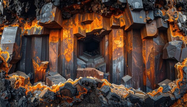 Hexagonal basalt column cave with warm orange glow