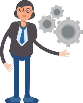 Business Woman Character Holding Gears
