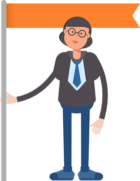 Business Woman Character Holding Flag Pole
