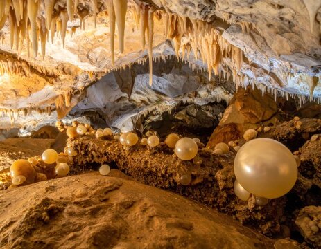 Stalactites and cave pearls inside an ancient cavern.