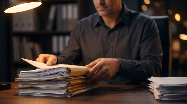Focused Businessman Reviewing Stacks of Documents in Dark Office Setting for Legal Research and Corporate Administration