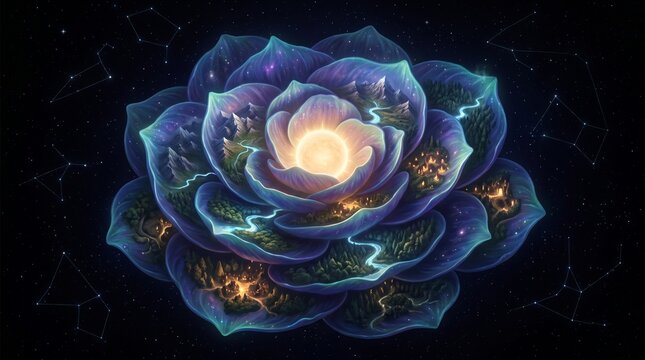 Planet Sized Cosmic Flower Containing Mountains Forests and Rivers