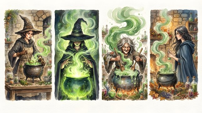 Watercolor illustration set of witches brewing potions in cauldrons