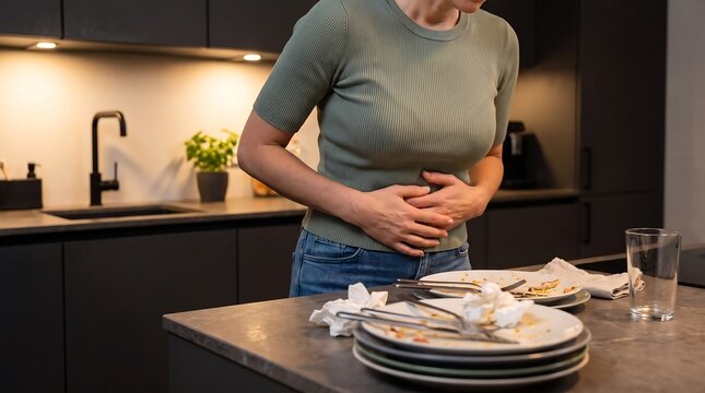 Woman with Abdominal Stomach Ache After Eating Meal in Modern Dark Kitchen Indigestion and Digestive Health Concept.