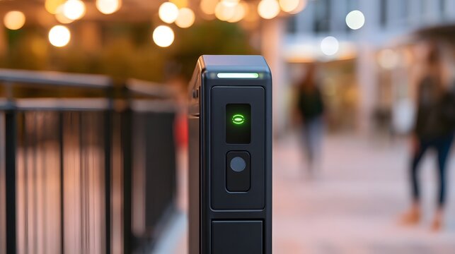 Modern electronic access terminal with glowing green indicator light set against softly blurred urban background