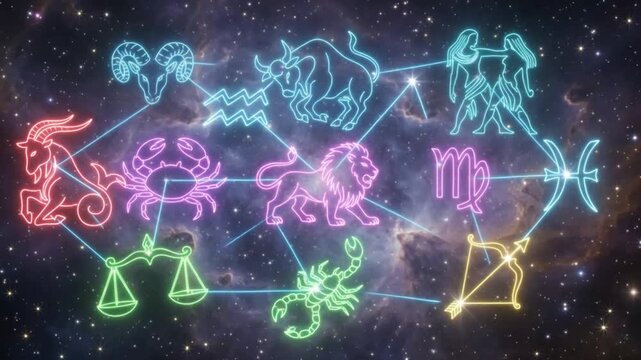 Zodiac Constellations Appearing as Glowing Neon Symbols in Space