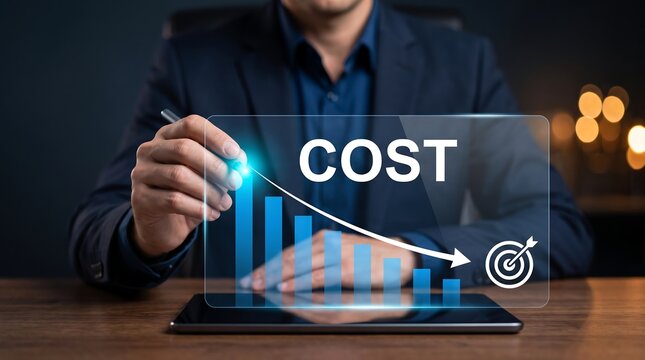 Businessman pointing at cost reduction graph on digital tablet showing declining financial chart for business growth.