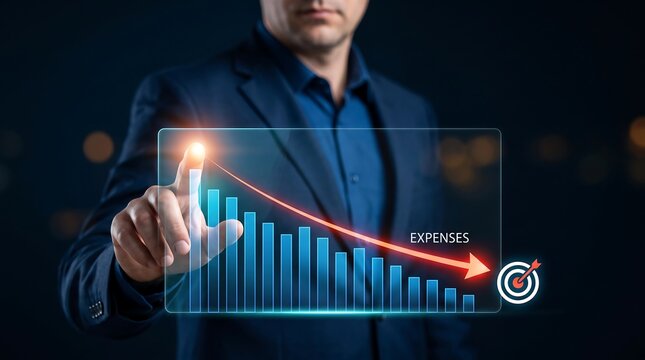 Businessman reducing corporate expenses using a digital bar graph arrow hitting target on virtual screen for presentation.
