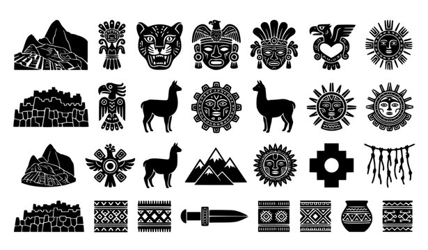 Inca Civilization Heritage Icons Black Silhouette Vector Set
