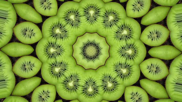 Dynamic green kiwi slice kaleidoscope pattern motion graphics background animation video loop for fresh food design and abstract visual editing