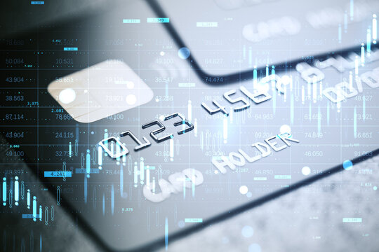 Closeup credit card with glowing financial charts, digital banking data, soft blue blur and light background, secure payment concept. 3D Rendering