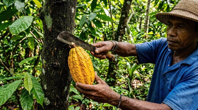 Harvesting Cacao Pod With Knife in Tropical Forest
