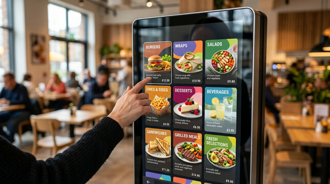 Customer using a digital touchscreen menu in a modern cafe