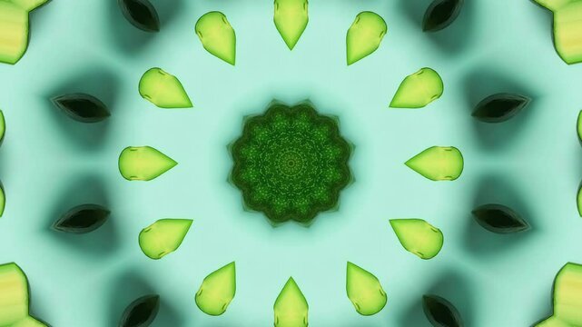 Modern fresh avocado kaleidoscope seamless looping motion animation video background with pastel light blue background for clean food visual content creation