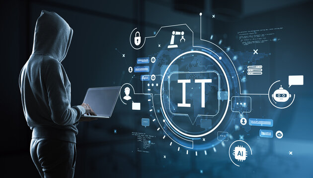 Anonymous hacker in hoodie using laptop with cybersecurity interface, IT technology icons, data network and digital innovation concept on dark background.