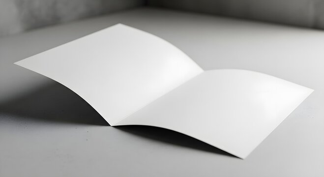 Blank brochure mockup open on white table featuring clean paper surface for professional corporate branding design