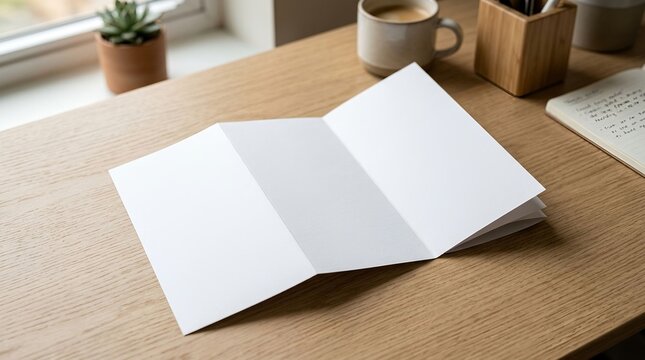 Trifold brochure mockup featuring blank white paper placed on clean wooden office desk surface area