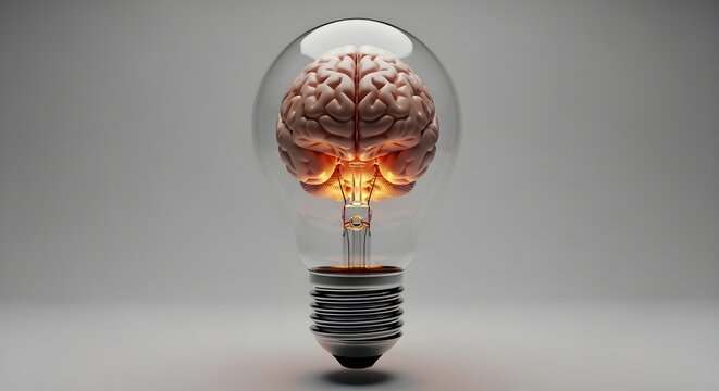 Human brain inside a glowing light bulb representing creative genius innovation and brilliant new business ideas