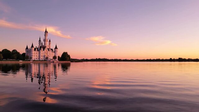 Majestic European style castle by a tranquil lake at sunset featuring stunning water reflection and scenic historic architecture for travel campaigns