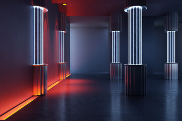 Fototapeta premium Futuristic neon interior with glowing cylindrical columns and dramatic red blue lighting in a modern architectural space. 3D Rendering