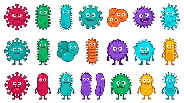 Cute cartoon microbes and bacteria collection with varied shapes and expressions in bright flat vector illustration style
