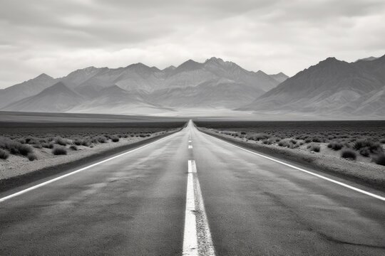 Asphalt road stretching to the horizon through a barren landscape with mountain range
