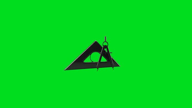 Black drafting compass and triangle ruler isolated on a vibrant green screen