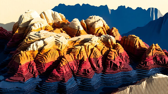 Layered Mountain Topography: A stylized, digitally rendered mountain range showcases vibrant layers of red, orange, and yellow hues, creating a dramatic, almost alien landscape.