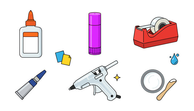 School and Office Adhesives Vector Set with Liquid Glue Bottle Glue Stick Tape Dispenser Hot Melt Glue Gun and Superglue Illustrations