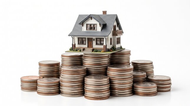 Miniature house on stacked coins representing real estate investment and property value