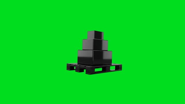 A stack of three black cardboard boxes resting on a sturdy shipping pallet