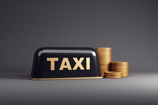 Glossy black taxi sign with golden lettering and stacked coins, symbolizing premium transportation service, fares, travel wealth, and urban mobility. 3D Rendering