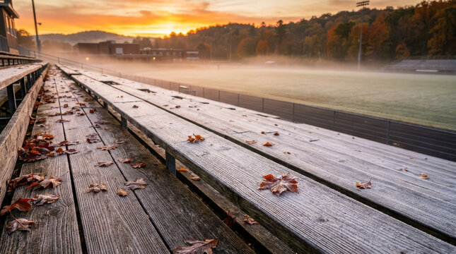 Frosted wooden bleacher at empty football stadium during autumn sunrise with fallen leaf and golden fog over field