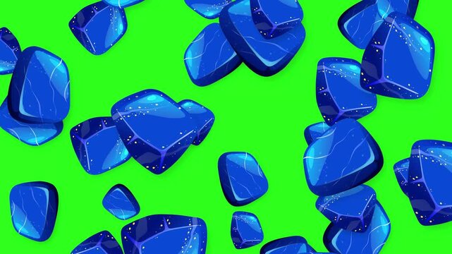 Falling Blue Gemstones and Crystals on Green Screen Background