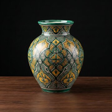 Moroccan Safi Pottery: A vibrant Moroccan Safi ceramic vase adorned with intricate hand-painted geometric filigree patterns in emerald green and yello
