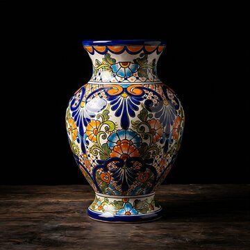 Mexican Talavera: A large, colorful Mexican Talavera ceramic vase with vibrant hand-painted floral cobalt blue and orange patterns, placed on a dark w