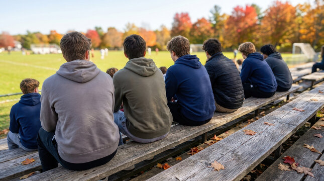 Students sitting on wooden bleacher watching soccer field during autumn daylight with colorful foliage and fallen leaf
