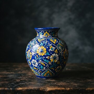 Indian Jaipur Blue Pottery: A vibrant Indian Jaipur blue pottery vase made of Egyptian paste, hand-painted with dazzling yellow and white floral motif
