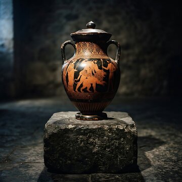 Greek Attic Red-Figure: A classic ancient Greek Attic red-figure ceramic vase depicting mythological figures and geometric borders, displayed on a rus