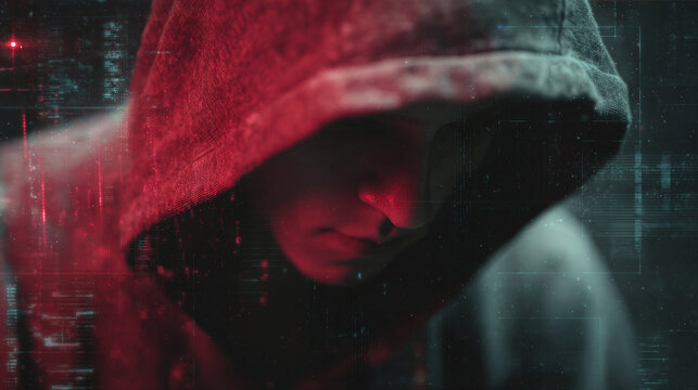 Mysterious hooded hacker silhouette illuminated by glowing red digital data streams in a dark virtual environment