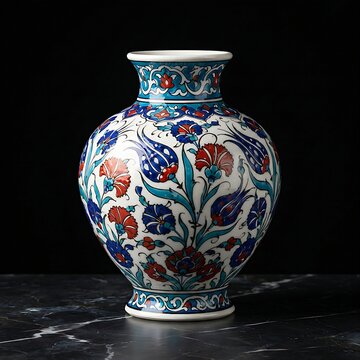 Turkish Iznik Ceramic: A magnificent Turkish Iznik ceramic vase decorated with brilliant turquoise, red, and cobalt blue painted tulips and carnations