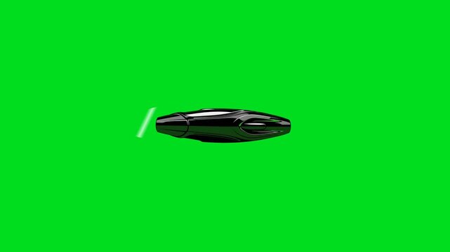 A sleek black futuristic object floating against a vibrant green background
