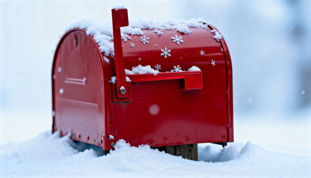 a vintage red mailbox standing in fresh snow for world post day