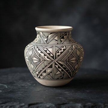 Native American Acoma: A traditional Native American Acoma Pueblo pottery vase featuring precise, high-contrast black and white fine-line geometric pa