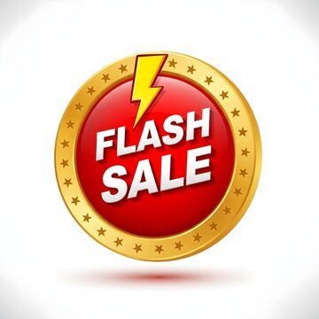Flash sale round badge featuring red glossy background gold border and yellow lightning bolt icon design