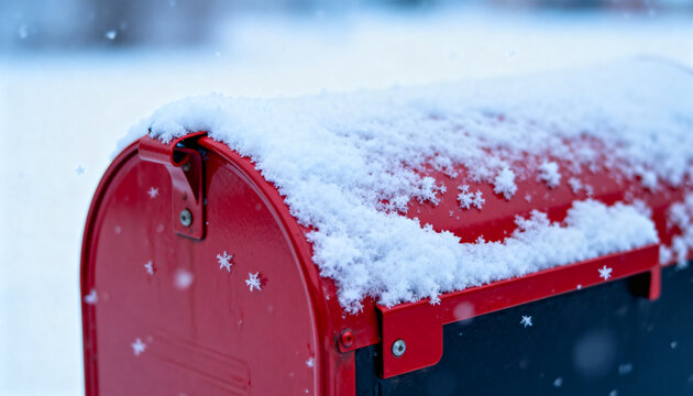 a vintage red mailbox standing in fresh snow for world post day