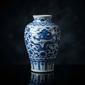 Chinese Blue and White Porcelain: An elegant Ming dynasty style blue and white porcelain vase featuring detailed hand-painted dragons and lotus patter