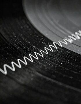 Macro detail of black vinyl record grooves and ridges.