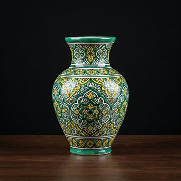 Moroccan Safi Pottery: A vibrant Moroccan Safi ceramic vase adorned with intricate hand-painted geometric filigree patterns in emerald green and yello